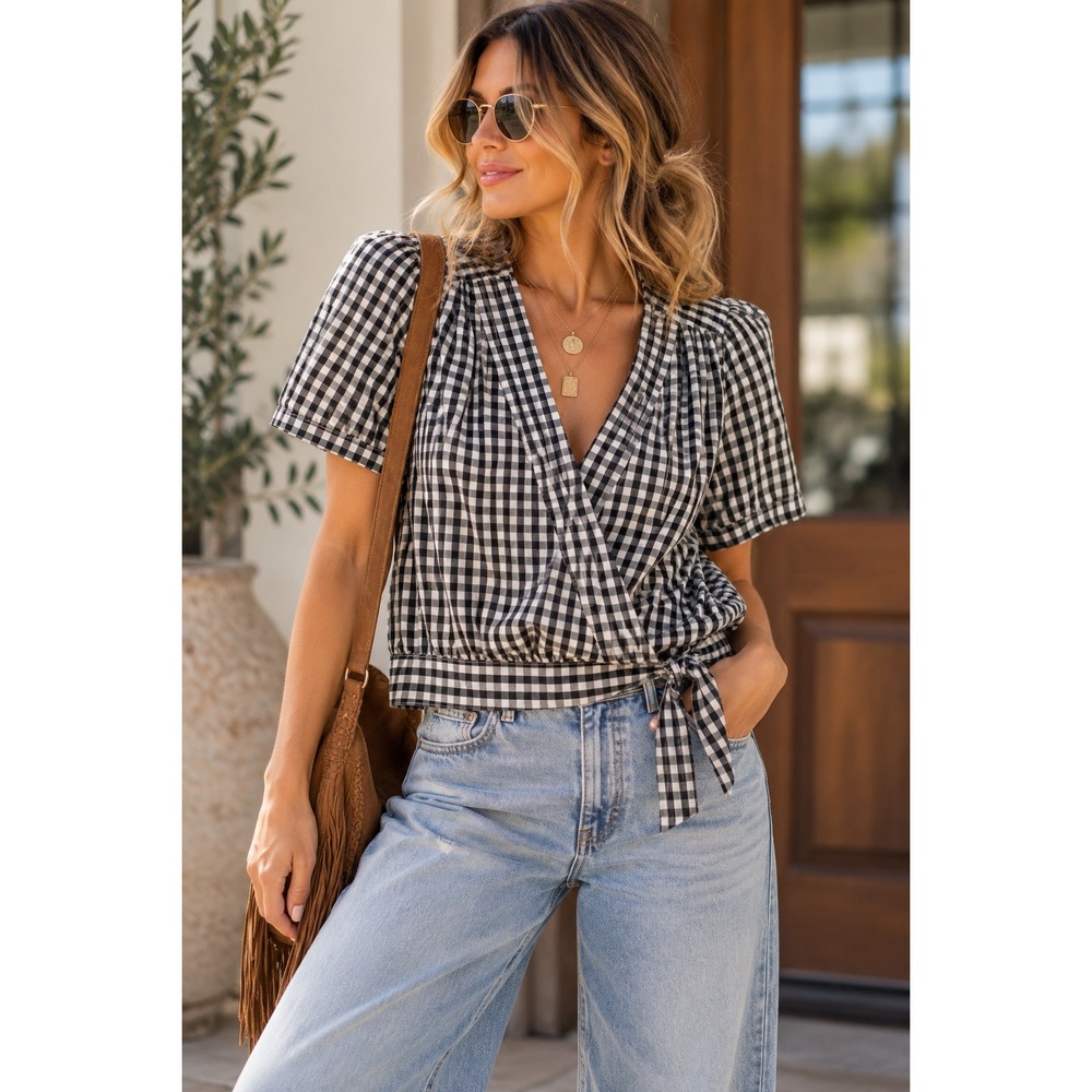 Madewell Black White Gingham Cotton Wrap Top Short Sleeve Tie Side Blouse Small